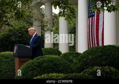Washington, United States. 28th Sep, 2020. United States President Donald Trump to give an update on the Nation's Coronavirus Testing Strategy, in the Rose Garden of the White House on Monday, September 28, 2020 in Washington DC. Photo by Ken Cedeno/UPI Credit: UPI/Alamy Live News Stock Photo