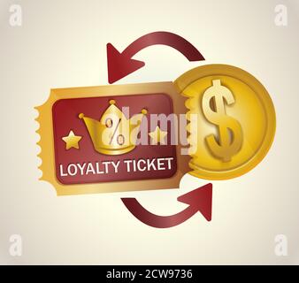 Loyalty program ticket icon. Discount or bonus card with percent signs and crown. Promotion concept and saving money while shopping in stores. Vector Stock Vector