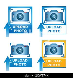 Upload your photo image vector icon set. Camera picture on photography with loading arrow. Add file to website, uploading photograph on cloud server Stock Vector