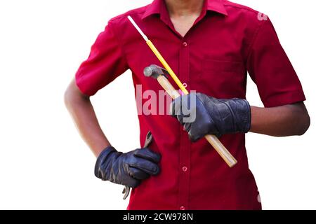 Cropped image of mechanics working in auto service. hand holding Metalic Wrench Stock Photo