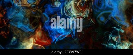 Abstract colored smoke, blue, red, orange translucent clouds on black background. Very detailed close up digital illustration, ultra high resolution, Stock Photo