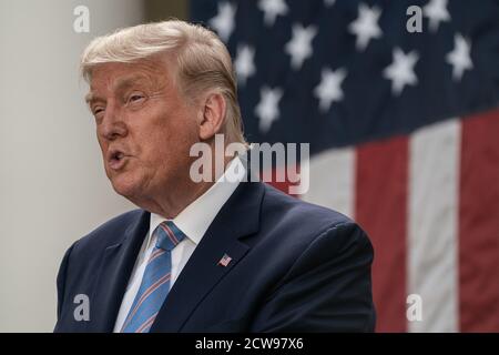 Washington, United States. 28th Sep, 2020. United States President Donald Trump to give an update on the Nation's Coronavirus Testing Strategy, in the Rose Garden of the White House on Monday, September 28, 2020 in Washington DC. Photo by Ken Cedeno/UPI Credit: UPI/Alamy Live News Stock Photo