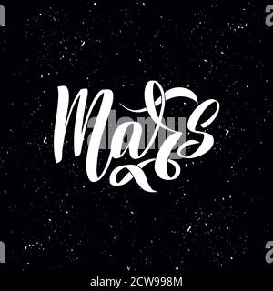 Vector cartoon illustration of Mars. Lettering on dark space star background. Stock Vector