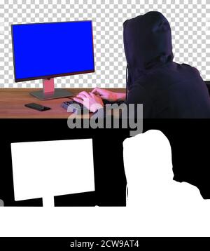 Hacker in hood cracking code using pc, Alpha Channel with Silhou Stock Photo