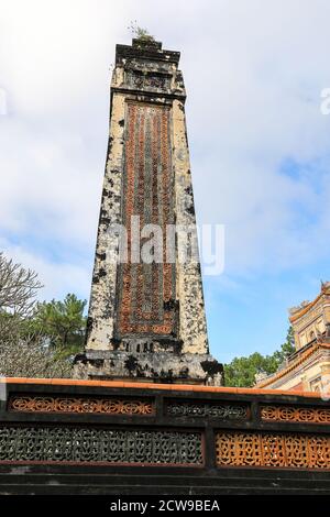 An obelisk at the Stele Pavilion in Tu Duc Royal Tomb, To Mieu Temple Complex, Imperial City of Hue, Vietnam, Indochina, Southeast Asia, Asia Stock Photo