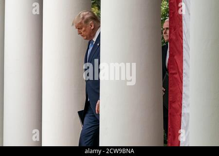 Washington, United States. 28th Sep, 2020. United States President Donald Trump walks out to the Rose Garden with Vice President Mike Pence to give an update on the Nation's Coronavirus Testing Strategy at the White House on Monday, September 28, 2020 in Washington DC. Photo by Ken Cedeno/UPI Credit: UPI/Alamy Live News Stock Photo