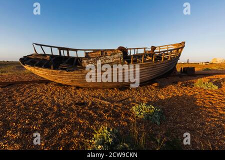 England, Kent, Dungeness, Wrecked Clinker Fishing Boat Stock Photo