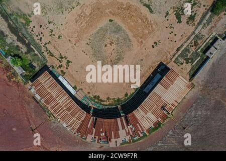 Aerial view of the playing field of the old Abelardo L. Rodríguez baseball stadium. This was the stadium of the Ostioneros de Guaymas team, with capacity for five thousand spectators. Currently in neglect and deterioration, the complex is the largest stadium in the Guaymas-Empalme region. Mexican League of the Pacific, LMP. Besisbol diamond, baseball field, overhead view. (Photo: Luis Gutierrez By NortePhoto.com)  Vista aerea del  terreno de juego del viejo estadio de beisbol Abelardo L. Rodríguez, Este fue el estadio del equipo Ostioneros de Guaymas, con capacidad para cinco mil espectadores. Stock Photo