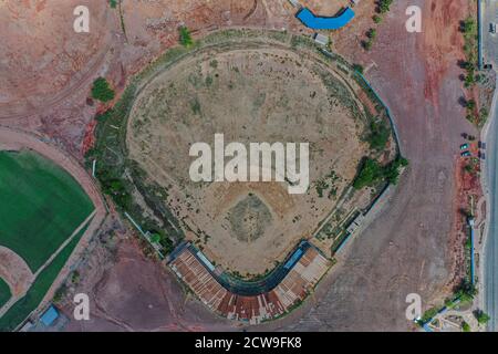 Aerial view of the playing field of the old Abelardo L. Rodríguez baseball stadium. This was the stadium of the Ostioneros de Guaymas team, with capacity for five thousand spectators. Currently in neglect and deterioration, the complex is the largest stadium in the Guaymas-Empalme region. Mexican League of the Pacific, LMP. Besisbol diamond, baseball field, overhead view. (Photo: Luis Gutierrez By NortePhoto.com)  Vista aerea del  terreno de juego del viejo estadio de beisbol Abelardo L. Rodríguez, Este fue el estadio del equipo Ostioneros de Guaymas, con capacidad para cinco mil espectadores. Stock Photo