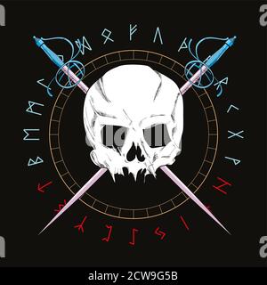 Vector illustration of a skull with two swords on a circle with runic alphabet. Pirate symbol for t-shirts and posters. Stock Vector