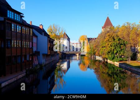 Autumn in old Nuremberg town . Pegnitz river fall scenery Stock Photo