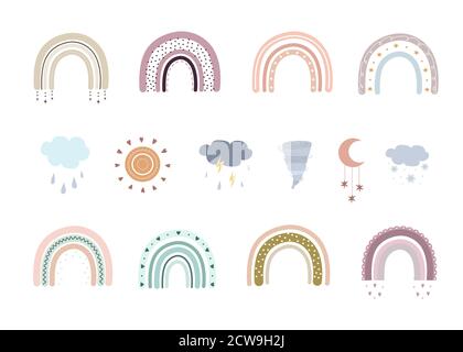 Boho rainbows, clouds and tornado. Cute rainbows in pastel colors. Scandinavian printable poster for playroom and kids. Doodle art elements. Modern Stock Vector