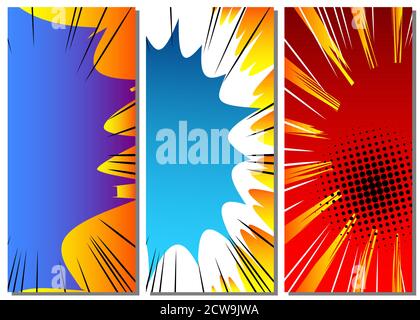 Cartoon design colored standing banners. Comic book illustration backgrounds. Vector comics backdrop. Stock Vector