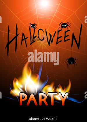 Vector illustration with burning inscription, spiders and text Halloween Party on the night background with webs. Hand drawn lettering. Stock Vector