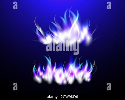 Realistic magic fire with sparks for your design. Vector set. Used mesh gradient. Blue color. Stock Vector