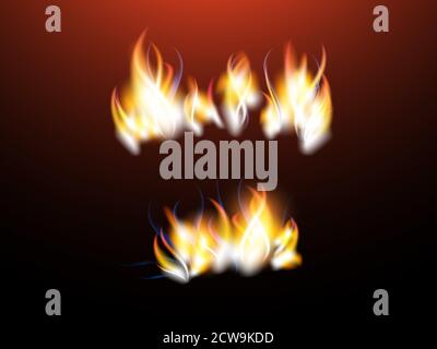 Realistic flames with sparks for your design. Vector set. Used mesh gradient. Red color. Stock Vector