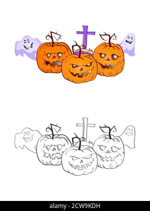 Halloween illustration with smiling Pumpkins, ghosts and grave on a white background. Two variant: color and monochrome. Page of coloring book. Vector Stock Vector