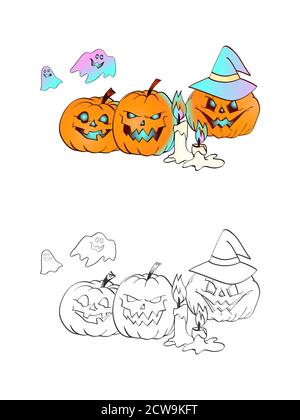 Halloween illustration with smiling Pumpkins, witch hat, ghosts and candles on a white background. Two variant: color and monochrome. Page of coloring Stock Vector