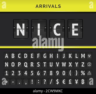 Vector illustration of scoreboard, arrivals airport board with alphabet, numbers and symbols isolated on black background. Analog timetable flip font. Web banner graphic concept Stock Vector