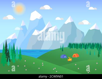 Mountain landscape, beautiful views. Summer touristic camp with tents and fire. Mountain lake, water surface with ripples, pine forest. Clear summer Stock Vector