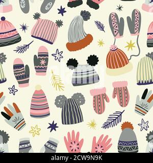 Cute vector seamless pattern of winter clothing, hats, mittens and gloves. Freehand drawn doodle elements.  Stock Vector
