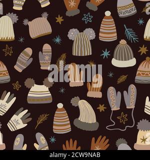 Cute vector seamless pattern of winter clothing, hats, mittens and gloves. Freehand drawn doodle elements.  Stock Vector