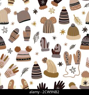 Cute vector seamless pattern of winter clothing, hats, mittens and gloves. Freehand drawn doodle elements.  Stock Vector