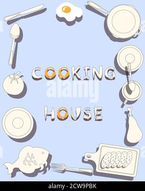 light background of kitchen items and tomato fish chicken sausage scrambled eggs Stock Vector