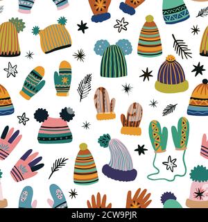 Cute vector seamless pattern of winter clothing, hats, mittens and gloves. Freehand drawn doodle elements.  Stock Vector