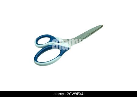Large Blue Scissors isolated on white background with clipping path, Scissors that have been used Stock Photo