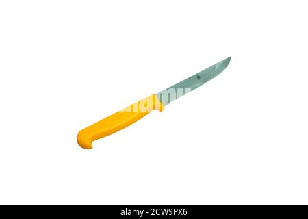 Kitchen knives that have been used, Yellow handle knives  isolated on white background, clipping path Stock Photo
