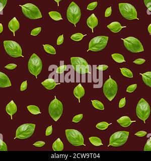 Italian Basil leaf herb seamless pattern on red background, Creative seamless pattern made from fresh green basil flat lay layout. Stock Photo