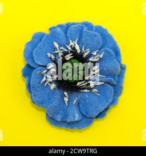 handmade felt, flowers, blue flower on yellow background Stock Photo