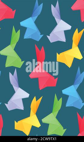 Seamless texture with multicolored origami hares on dark background. Vector 3d pattern for wallpaper, fabrics and your creativity Stock Vector