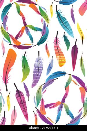 Seamless boho texture with multicolored feathers and tribal pattern and sign of peace on white background. Vector native pattern for fabrics, backgrou Stock Vector