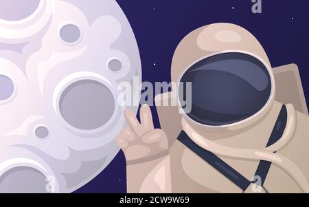 Vector illustration of tourist astronaut taking pictures against the background of the moon. Tourism in space. The first tourist on the moon Stock Vector
