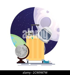 Vector flat illustration of space tourists suitcase with astronauts helmet, moon globe and camera on space illustration. Space tourism. Illustration f Stock Vector