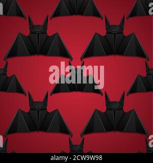 Seamless pattern with 3d illustration of origami bat on red background. Halloween. Vector texture for wrapping paper, wallpaper, backgrounds Stock Vector