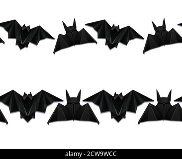 Set of seamless borders with 3d illustration of origami bat. Halloween. Vector texture for frame, invitation, card and your creativity Stock Vector