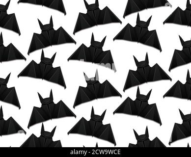 Seamless pattern with 3d illustration of origami bat on white background. Halloween. Vector texture for wrapping paper, wallpaper, backgrounds Stock Vector