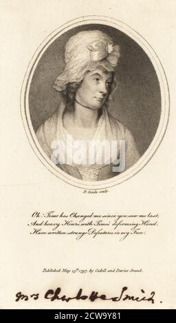 Charlotte Turner Smith (1749-1806), English Romantic poet and Gothic novelist, female author of  Elegiac Sonnets, Emmeline or the Orphan of the Castle, etc. Mrs Charlotte Smith. Copperplate engraving by P. Conde after a portrait by George Romney, published by Cadell and Davies, Strand, London, 1797. Stock Photo