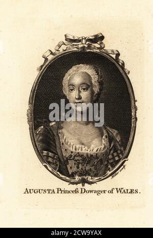 Princess Augusta of Saxe-Gotha-Altenburg (1719-1772), Princess of Wales and later Dowager Princess of Wales, mother of King George III. Oval portrait copperplate engraving by John Sebastian Miller after a painting by an unknown artist, published in London, 1790s. Stock Photo