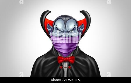 Vampire wearing a face mask concept as a Halloween holiday season symbol for health and healthcare disease prevention as medical equipment. Stock Photo