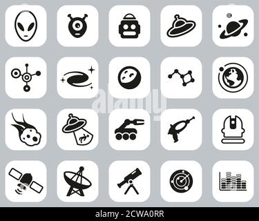 Alien Or Extraterrestrial Icons Black & White Flat Design Set Big Stock Vector
