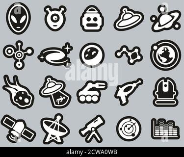 Alien Or Extraterrestrial Icons White On Black Sticker Set Big Stock Vector