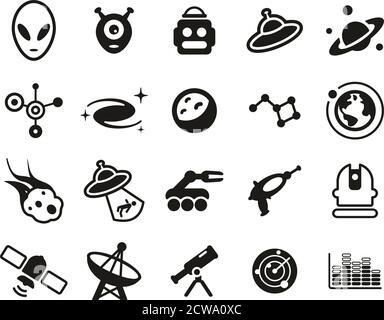 Alien Or Extraterrestrial Icons Black & White Set Big Stock Vector