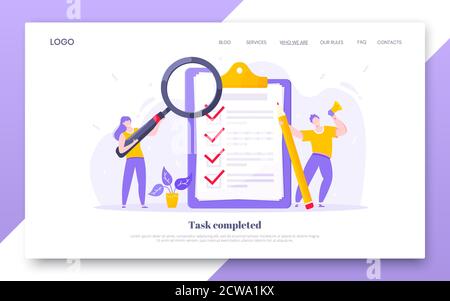 Online survey form business concept with tiny people with megaphone, pencil nearby giant clipboard complete checklist Stock Vector