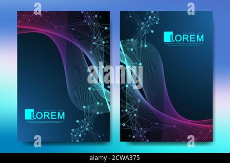 Modern vector template for brochure, leaflet, flyer, cover, catalog in A4 size. DNA helix, DNA strand, molecule or atom, neurons. Abstract structure Stock Vector