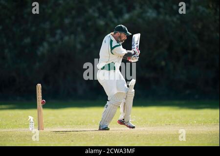 Cricket batsman bowled out. Stock Photo