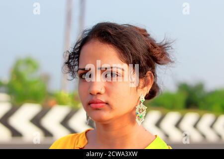 woman portrait beauty outdoors close to road Stock Photo